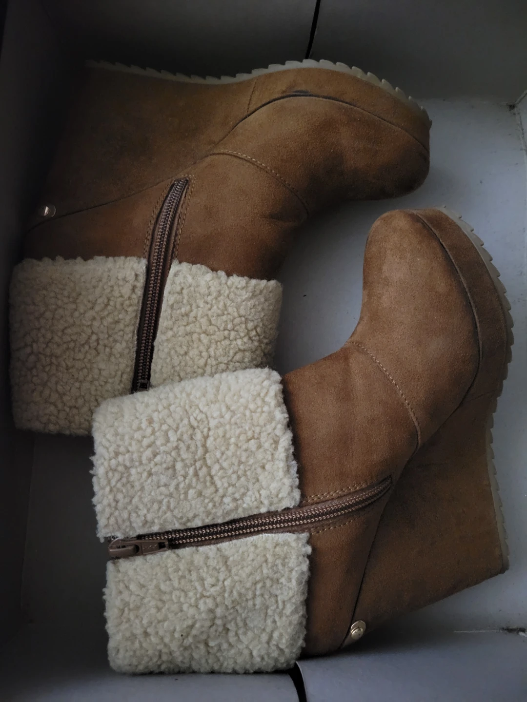 Brown Suede Wedge Boots with Shearling Trim