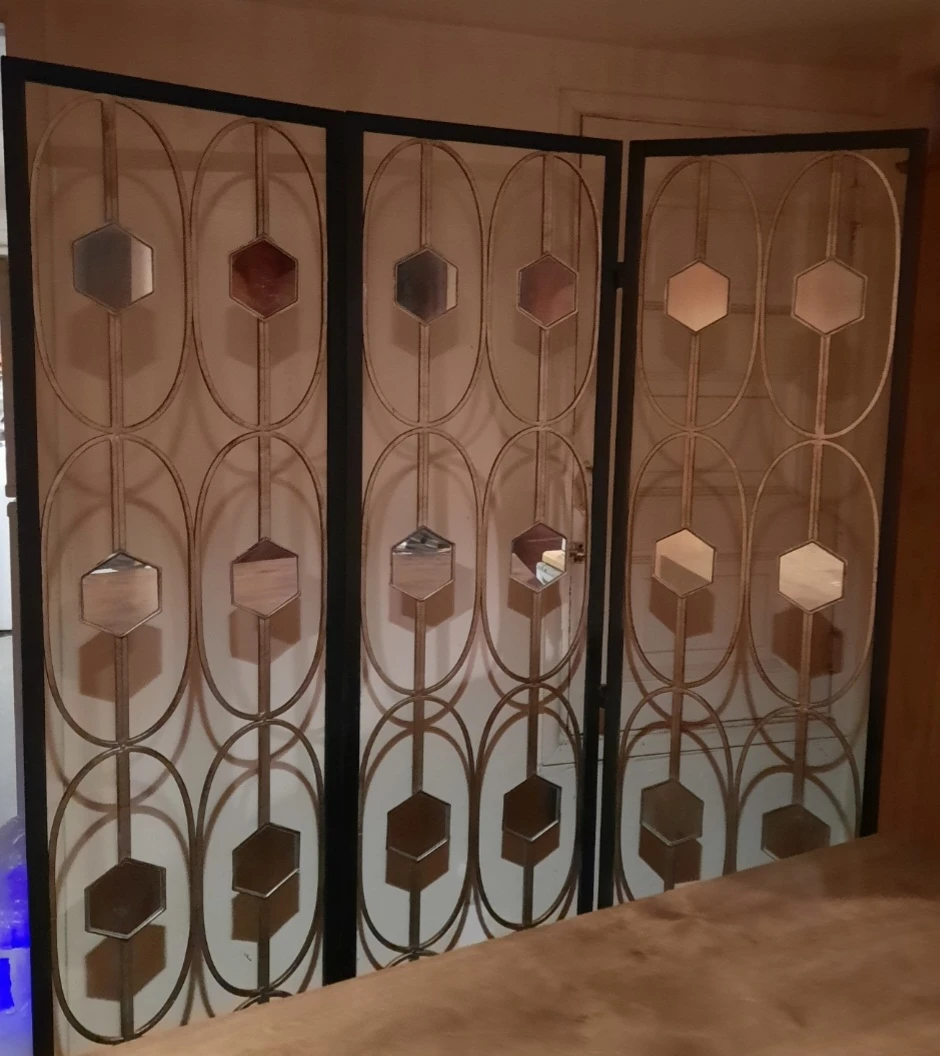 VERY HEAVY - Iron Folding 3 Panel Room Divider W/ Mirrors