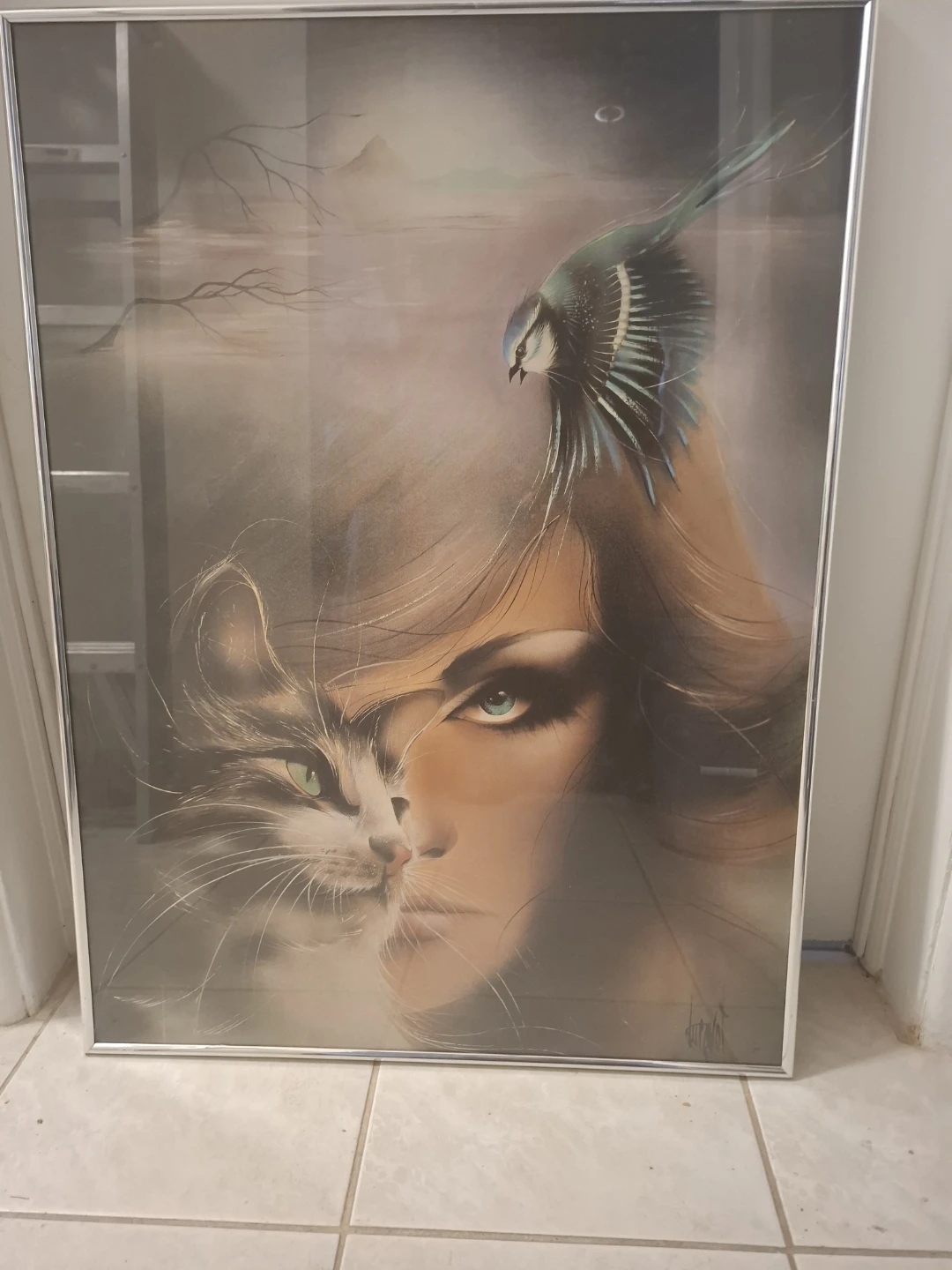 Framed Art Print - Woman, Cat, and Bird