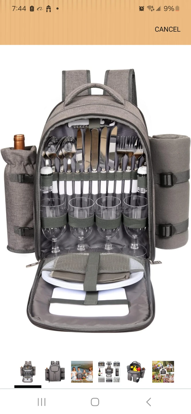 Grey Picnic Backpack with Utensils and Glasses