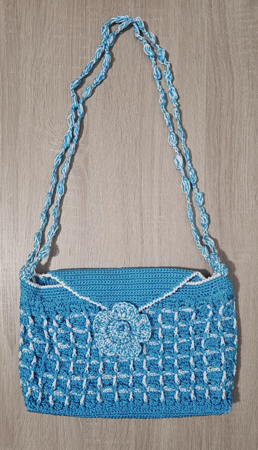 Crocheted Blue & White Shoulder Bag with Flower Accent