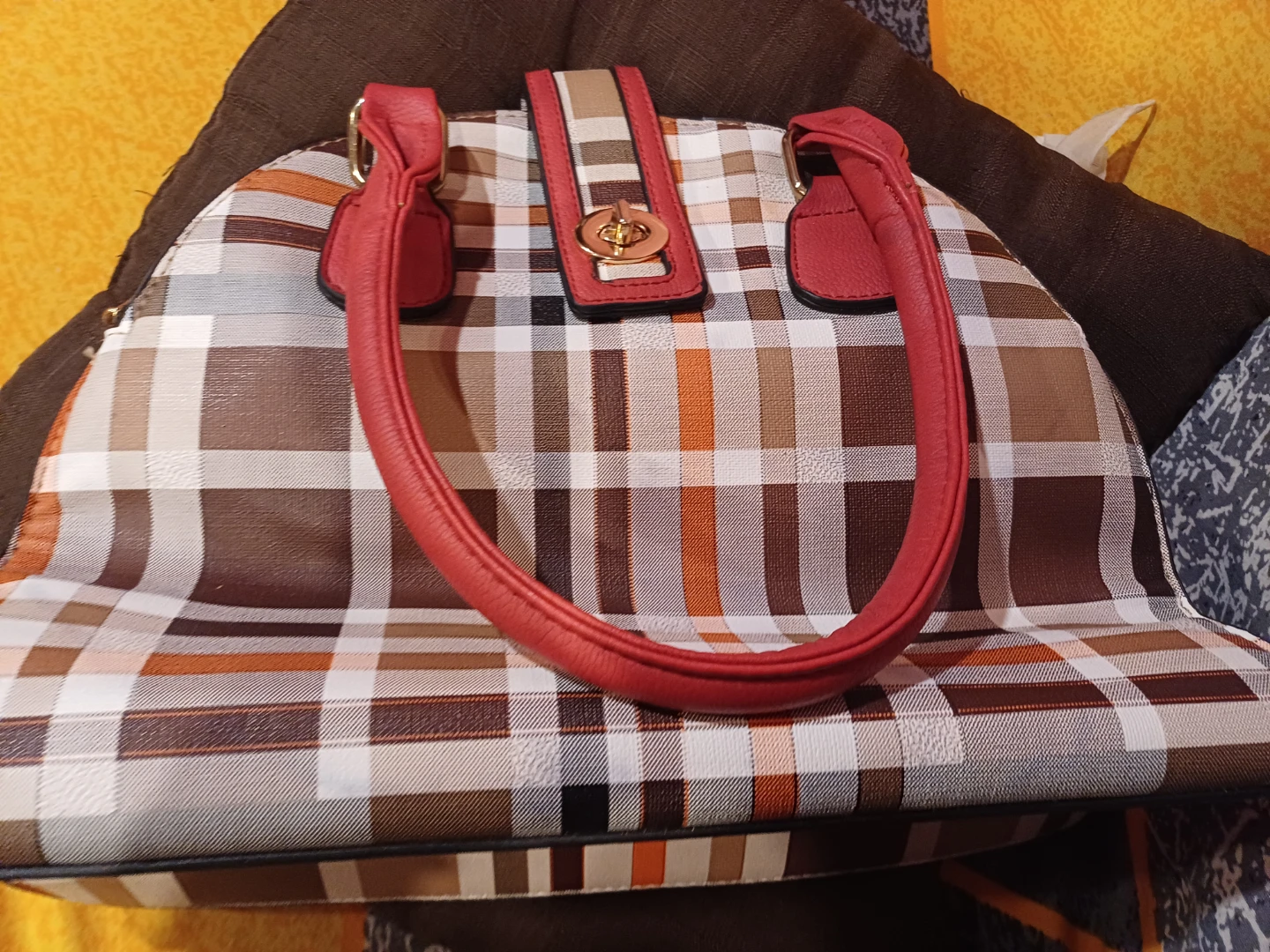 Plaid Pattern Handbag with Red Handles,🥕 - photo 4