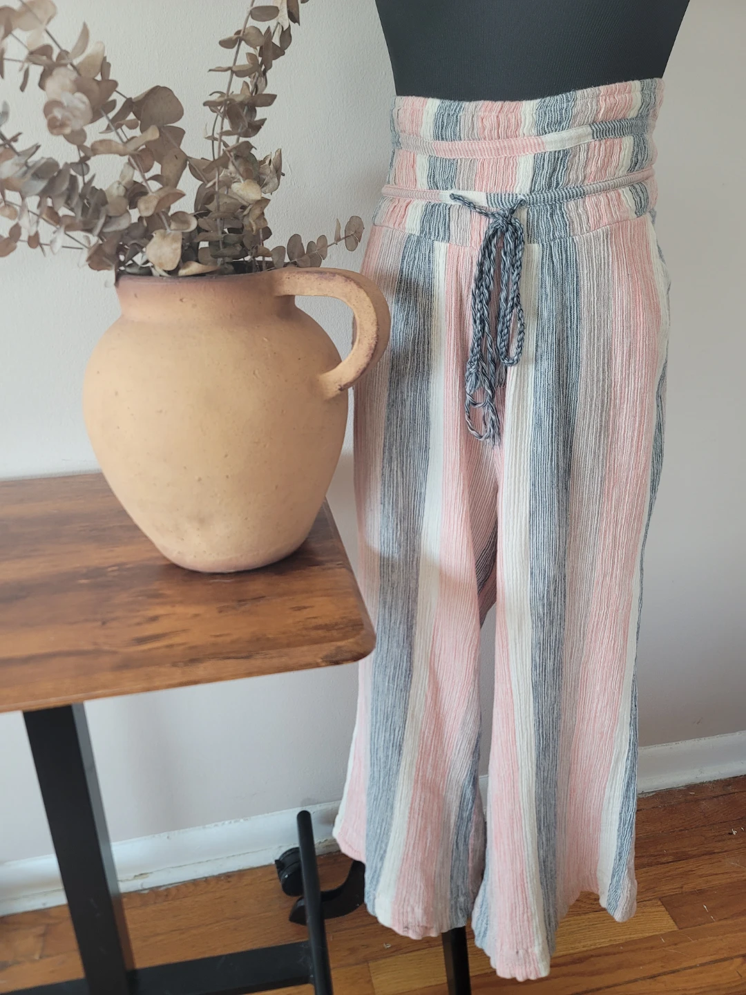 Free People Striped Wide Leg Pants Cotton Coastal Cottage Sz S