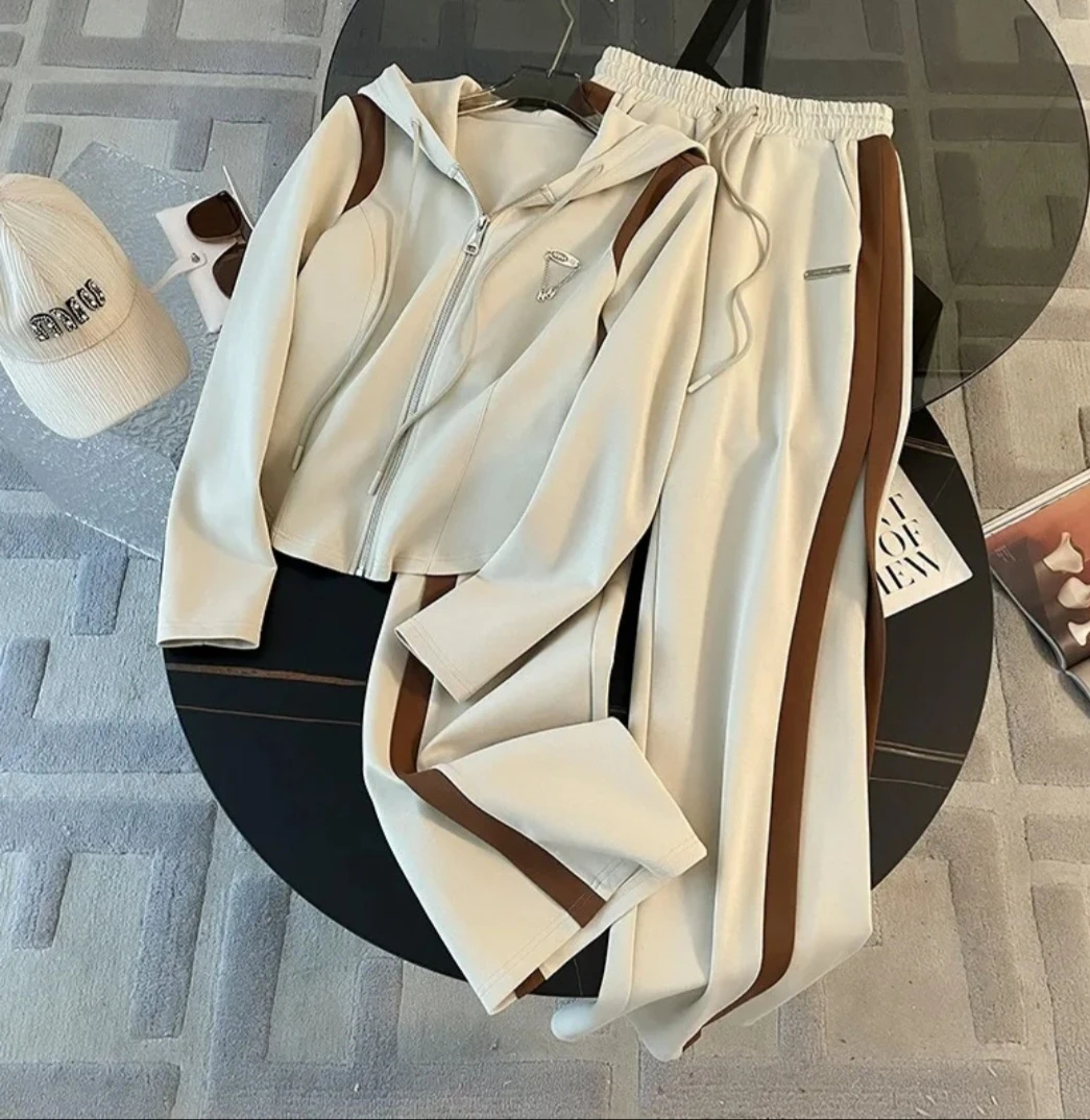 Beige Tracksuit Set with Brown Stripes