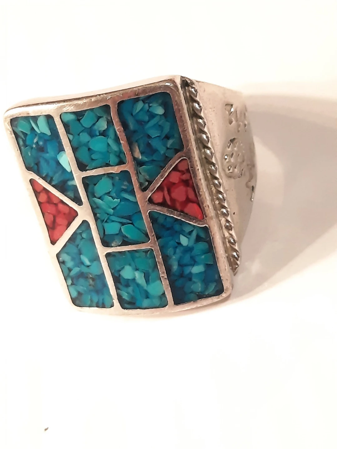 Turquoise & Coral Ring - Size 8 silver nikel