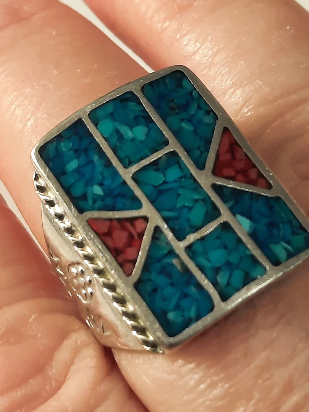 Turquoise & Coral Ring - Size 8 silver nikel - photo 5