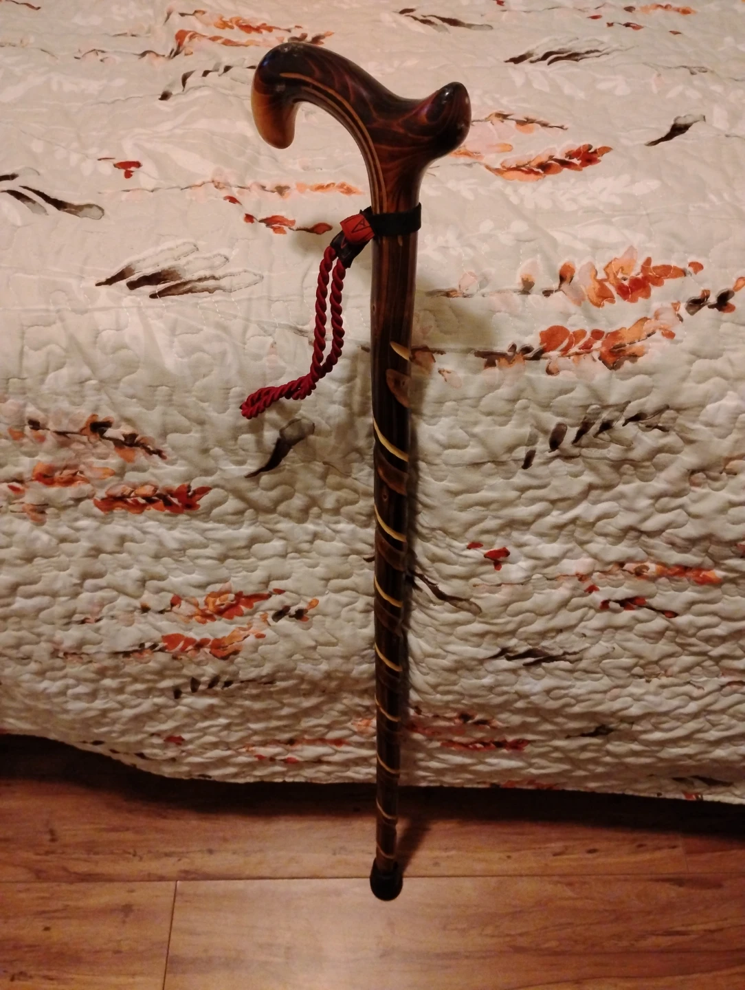 Wooden Walking Cane with Red Rope Handle