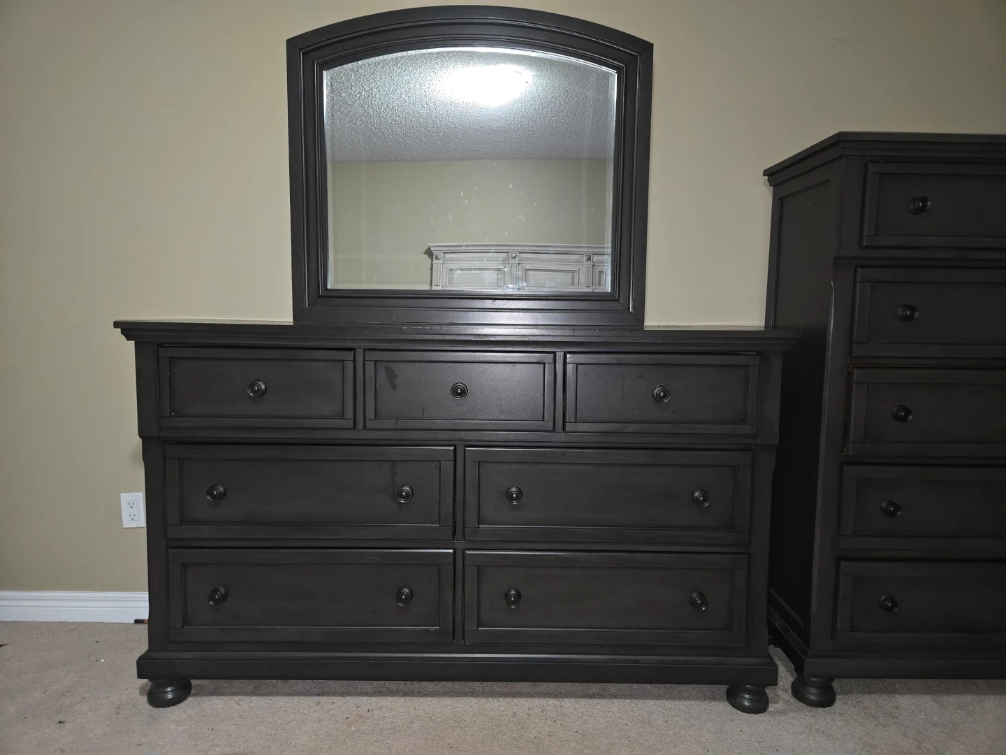 Grey Wood Dresser with Mirror + Tall Drawer