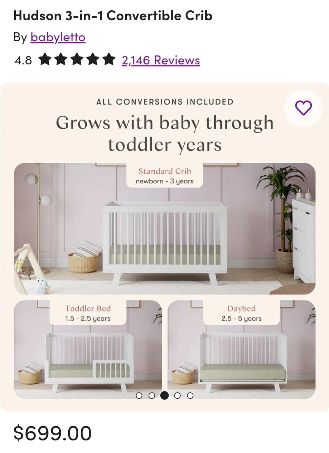 Babyletto Hudson 3-in-1 convertible crib + 5inch mattress