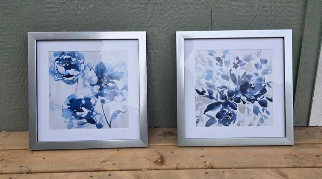 Set of 2 Framed Floral Prints - Blue & Silver