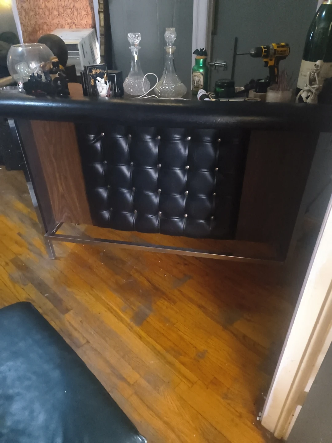 Vintage Bar Unit with Tufted Black Upholstery