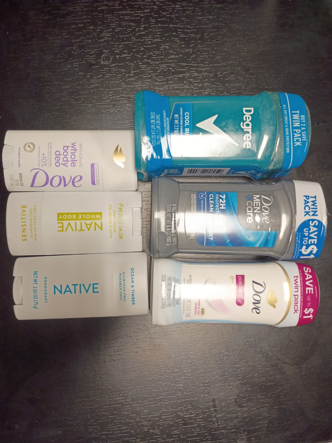 Dove, Native, and Degree Deodorant Sticks (Lot of 6)