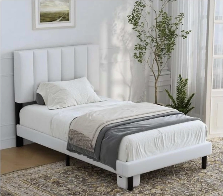 White Twin Bed Frame with Upholstered Headboard - photo 4