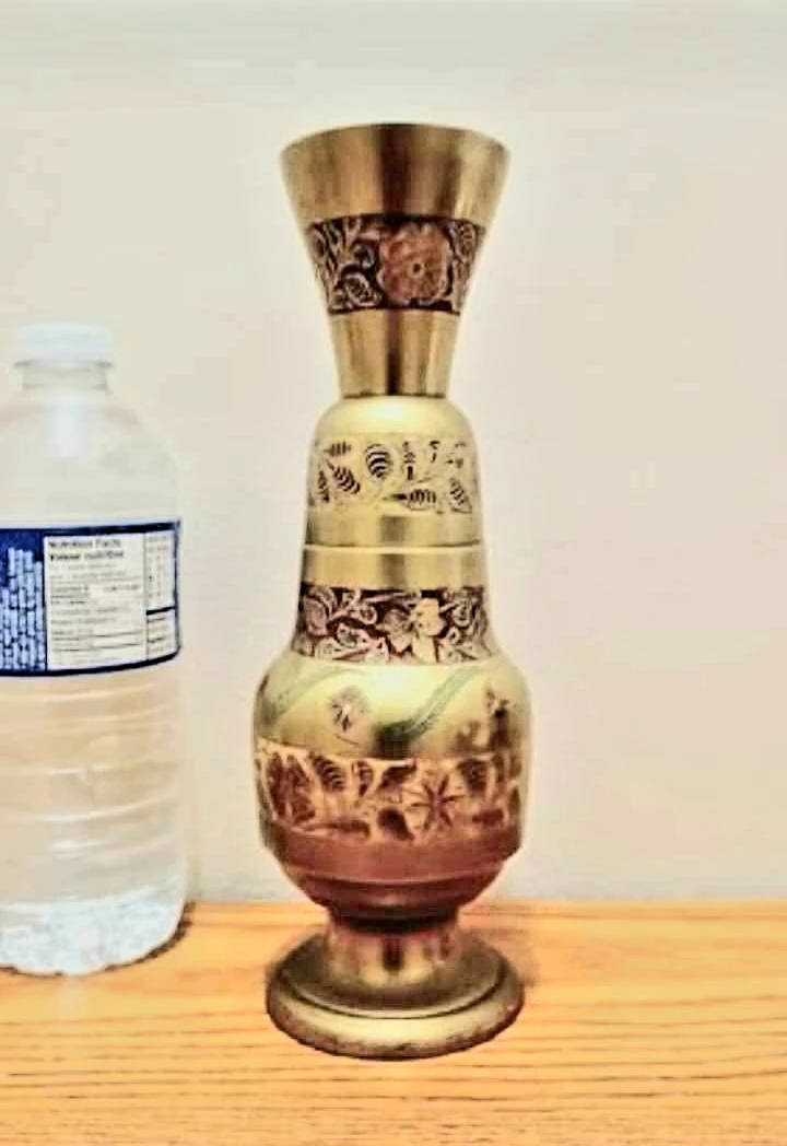 Vtg Boho Hand Painted Etched Brass Vase