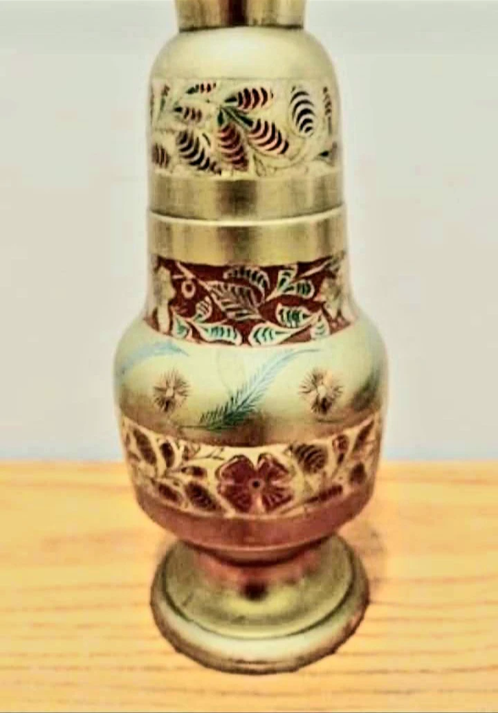 Vtg Boho Hand Painted Etched Brass Vase - photo 3