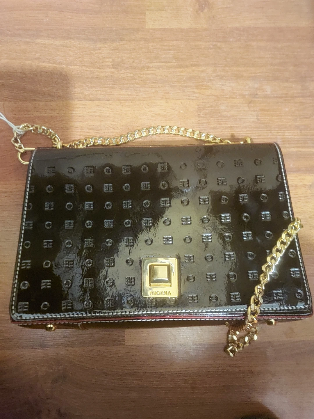 Arcadia Black Patent Leather Shoulder Bag with Gold Chain