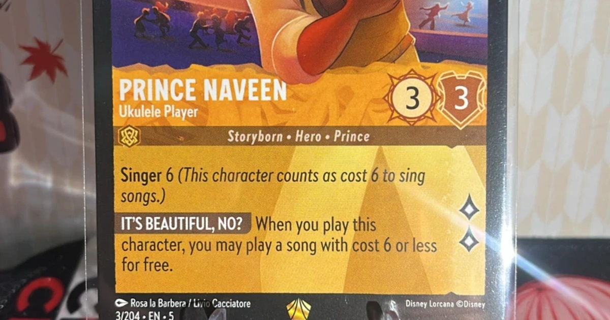 prince naveen lorcana card - Ukulele Player (Enchanted) Shift 3 (You may pay 3 to play this on top of one of your characters named Prince Naveen.) Bodyguard (This character may enter play exerted Naveen's Ukulele 31/204 Disney