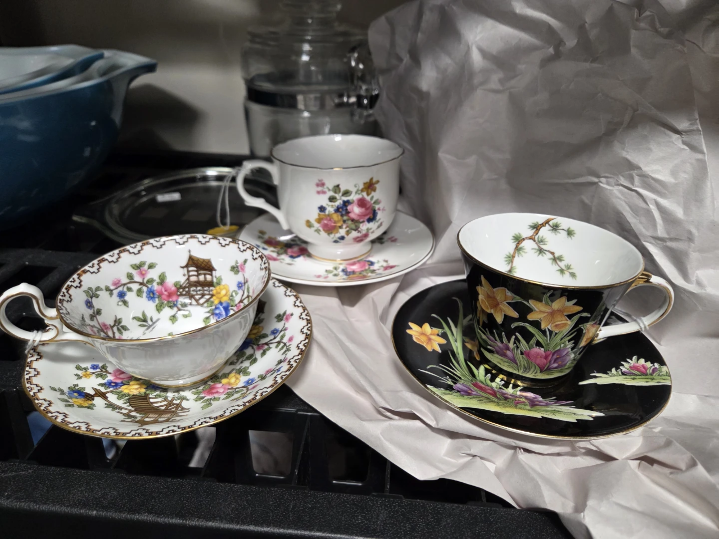 3 tea cup and saucer collection. Ainsley Pagoda and Sadler