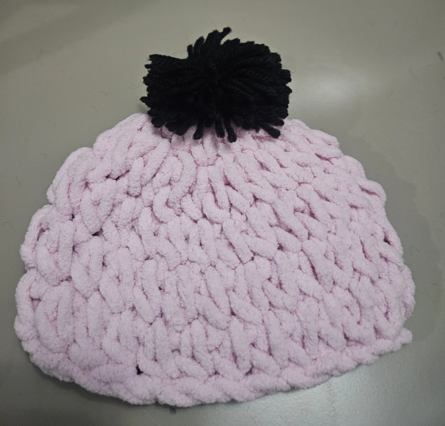 Handmade Pink Knit Beanie with Black Pom-Pom