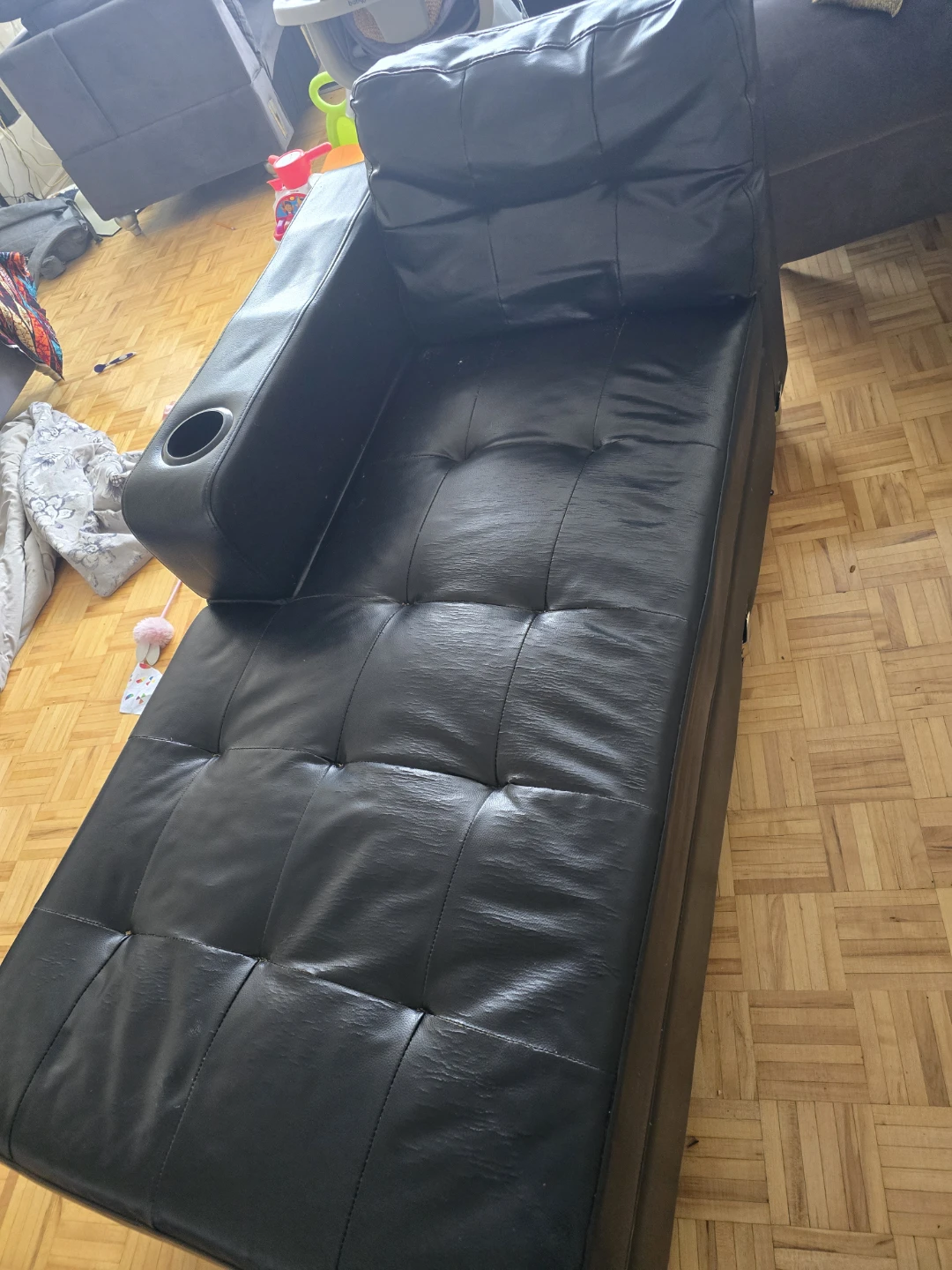Black Faux Leather Chaise Lounge with Storage and Cup Holder - photo 2
