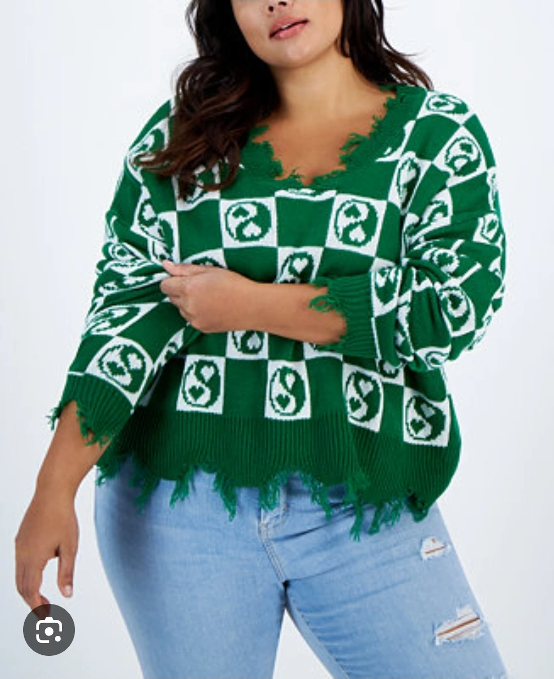Just Polly New York Green & White Checkerboard Heart Sweater XL