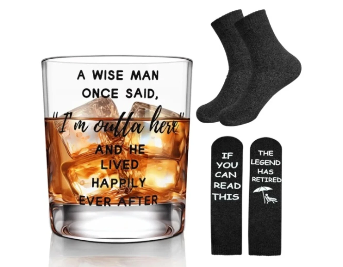 Retirement Gift Set: "I'm Outta Here" Whiskey Glass & Socks