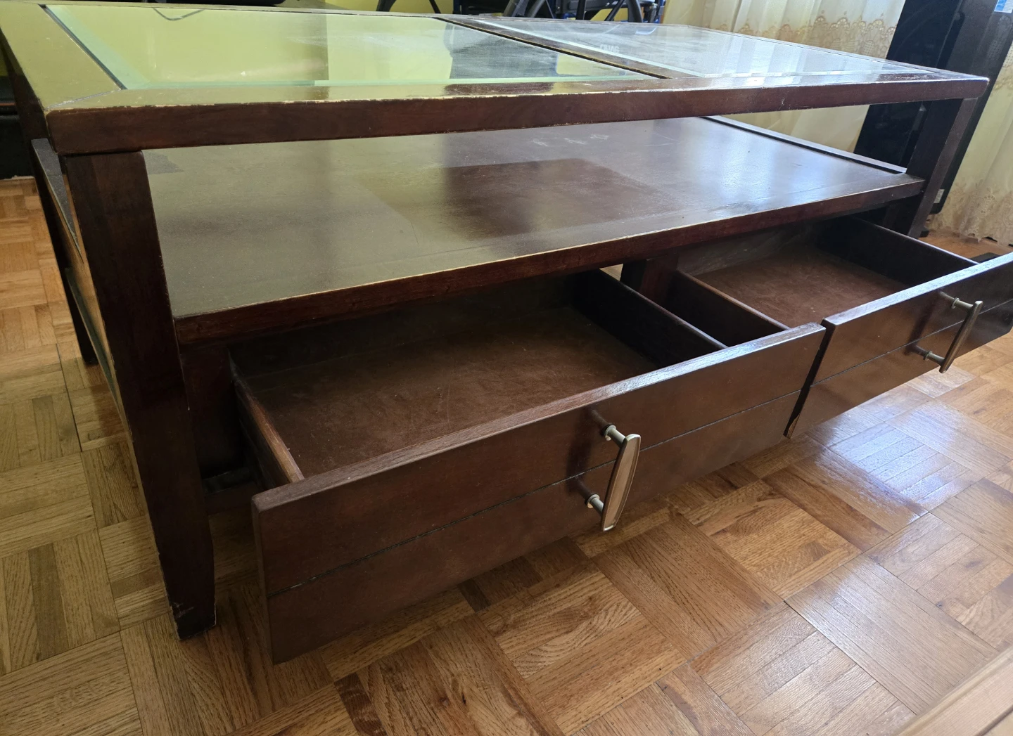 Wooden Coffee Table with Glass Top and Drawers