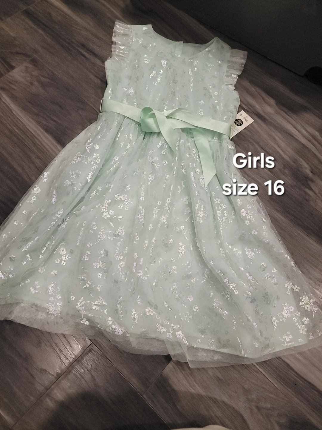 Girls Size 16 Mint Green Dress with Silver Floral Pattern