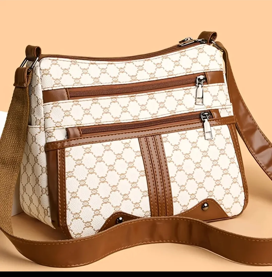 Patterned Crossbody Bag - Brown & White