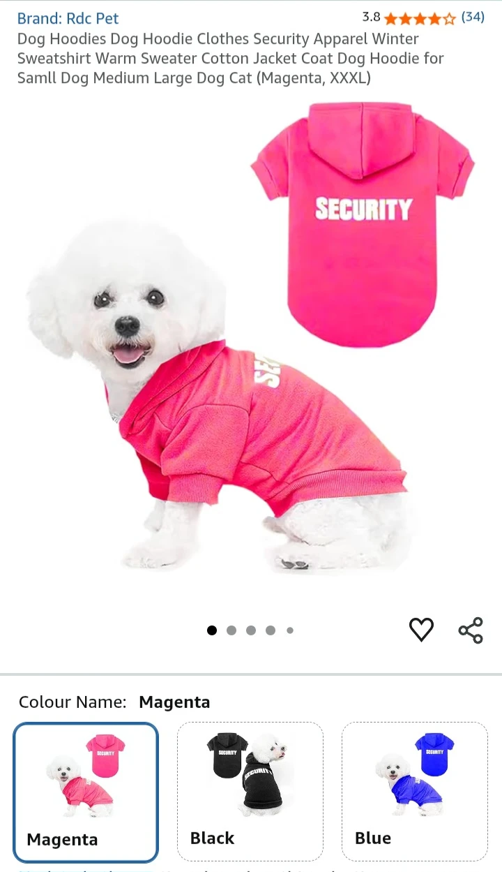 NEW!    PET Dog Security Hoodie, Size XS & M