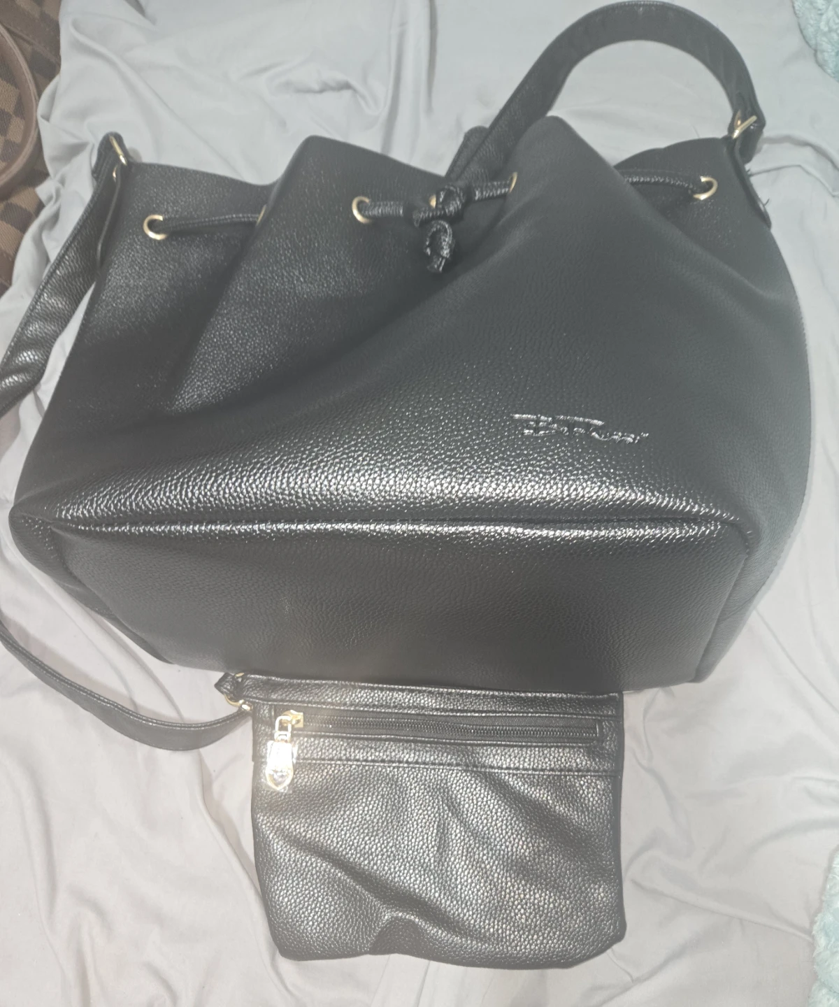 BellaRusso Black Faux Leather Bucket Bag with Pouch