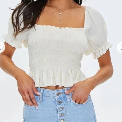 White Smocked Puff Sleeve Top size small
