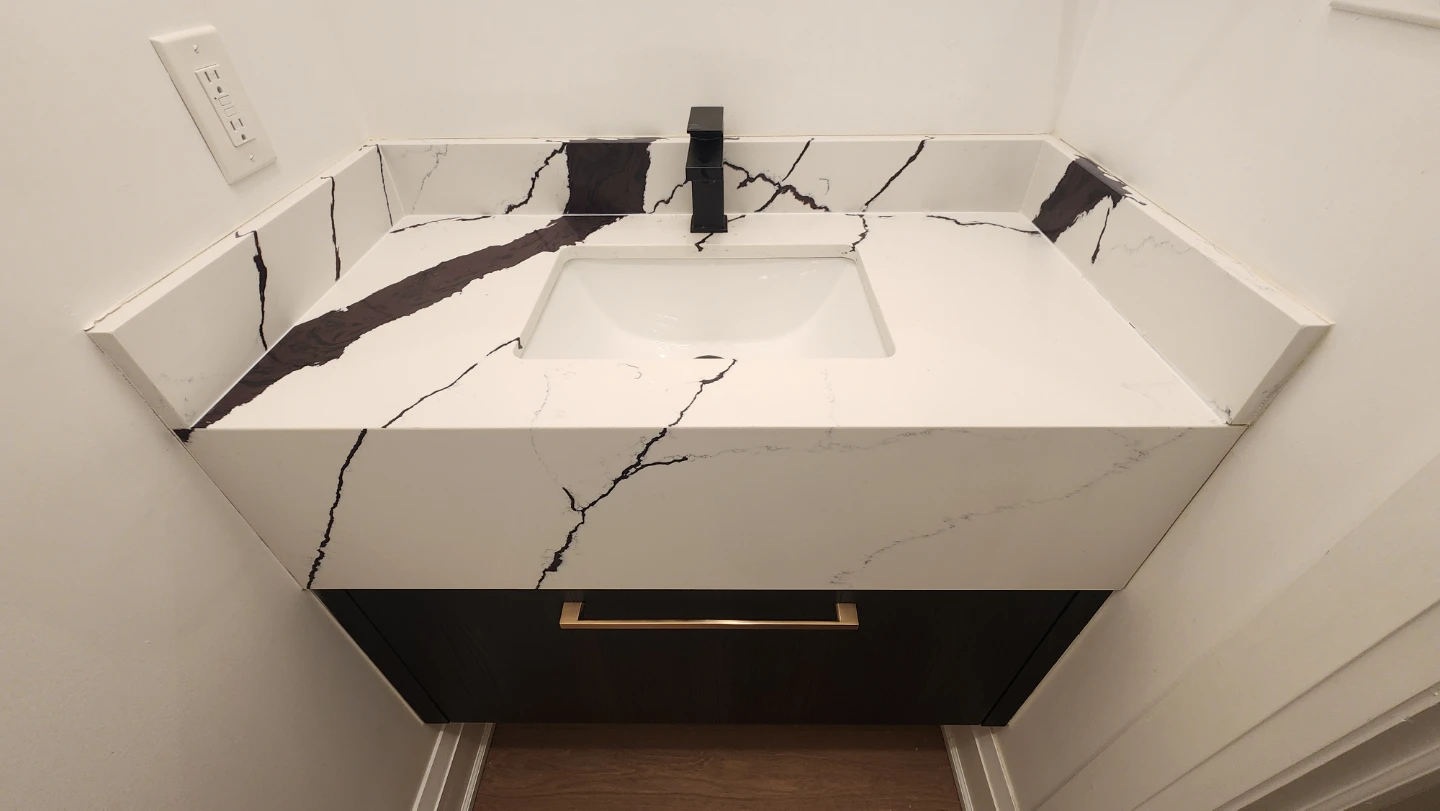Modern 36" Vanity with White Quartz Countertop and Black Faucet