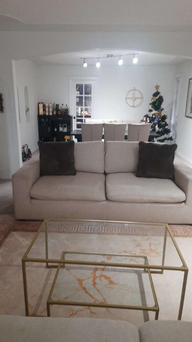 Beige Sofa with Two Dark Throw Pillows