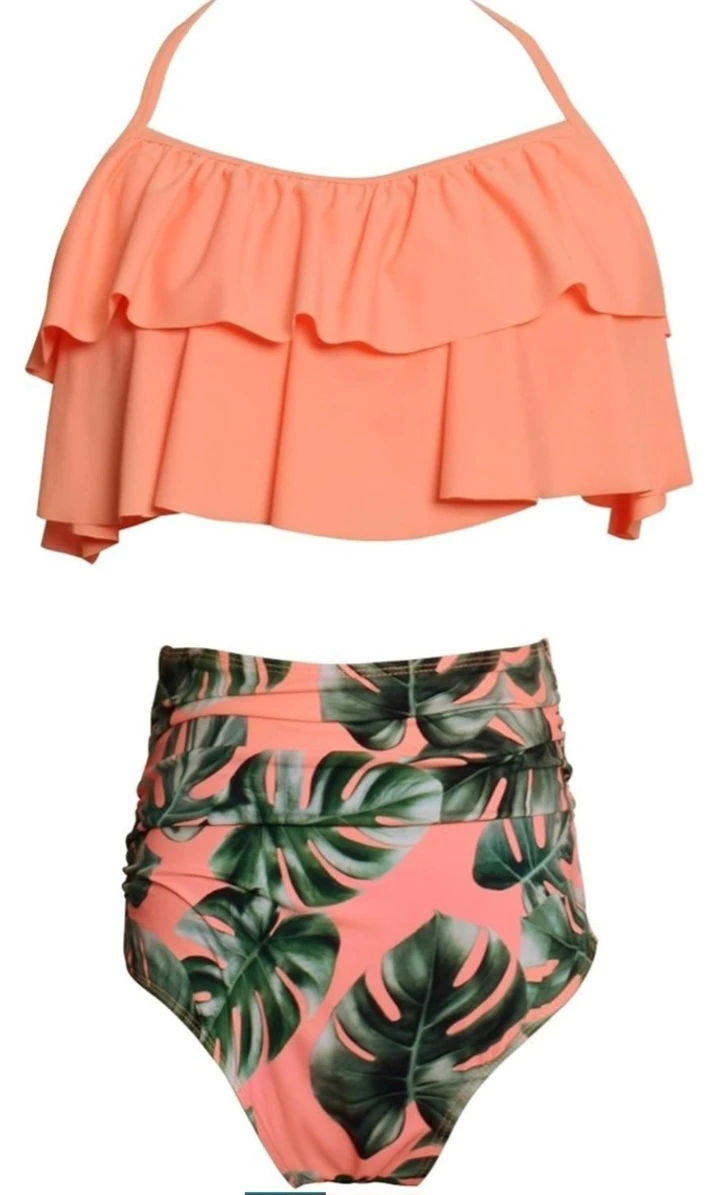 NEW!   Coral Ruffle High-Waisted Bikini with Leaf Print - photo 3