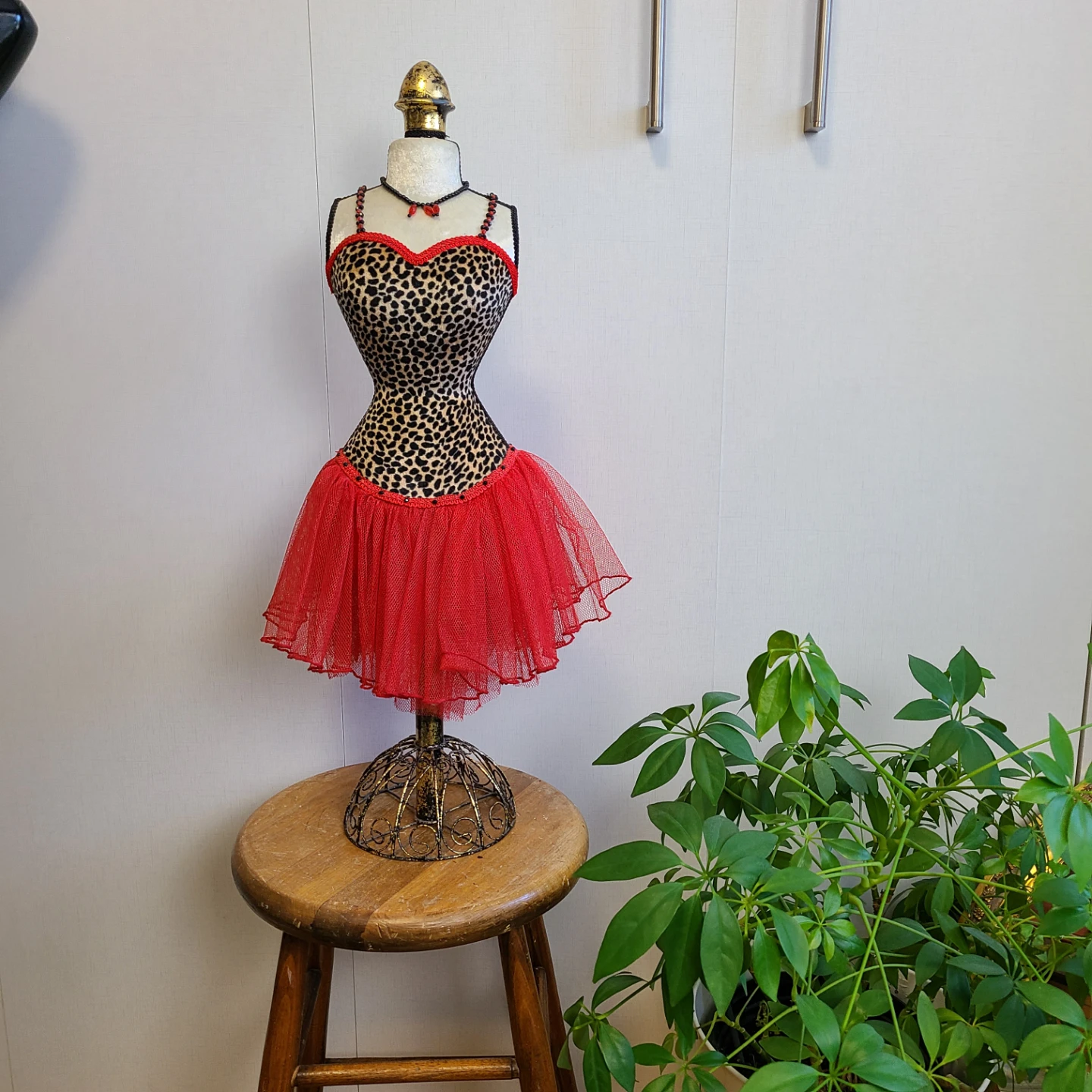 Leopard Print Bust Display Mannequin with Red Tulle Skirt