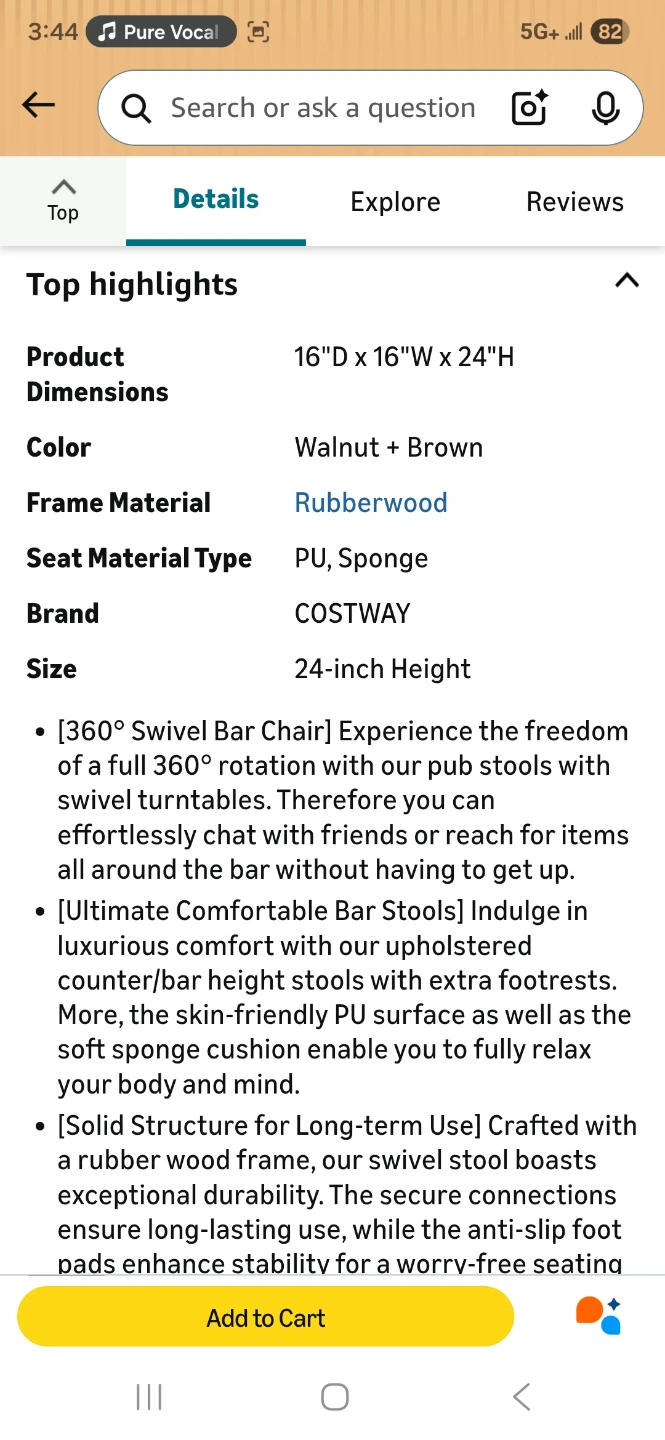 COSTWAY Round Swivel Wooden Bar Stools - 24-inch Height - photo 3