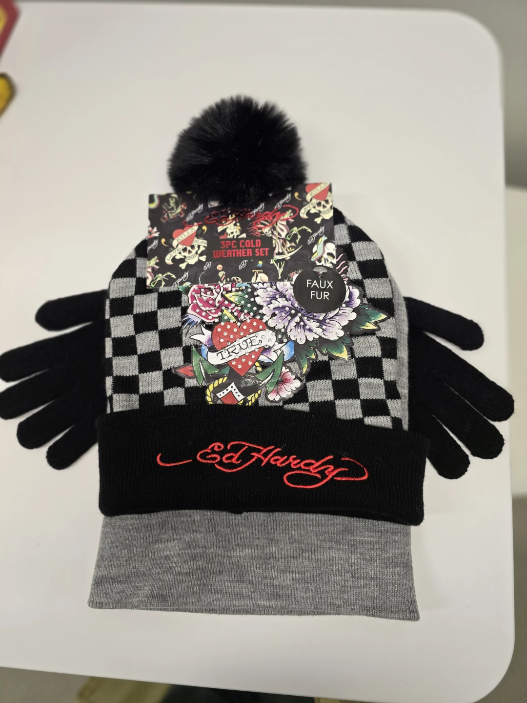 Ed Hardy 3PC Cold Weather Set - 2 Hats & Gloves