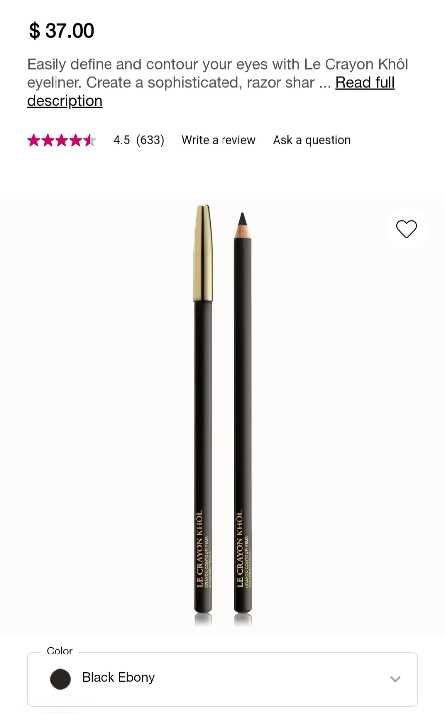 NEW Lancôme Le Crayon Khôl Eyeliner - Black Ebony
