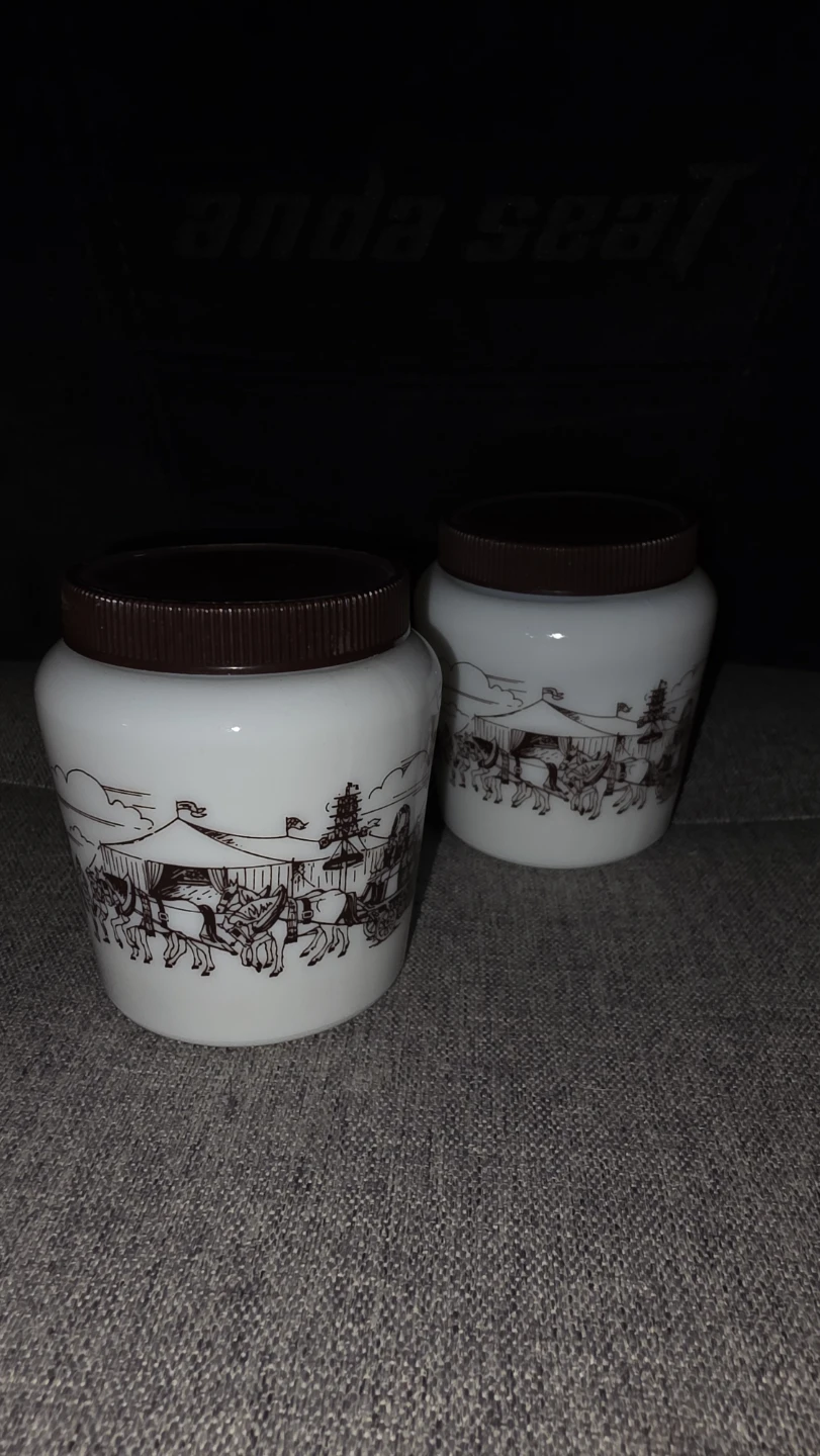 Set of 2 White Milk Glass Jars with Brown Lids and Circus Design