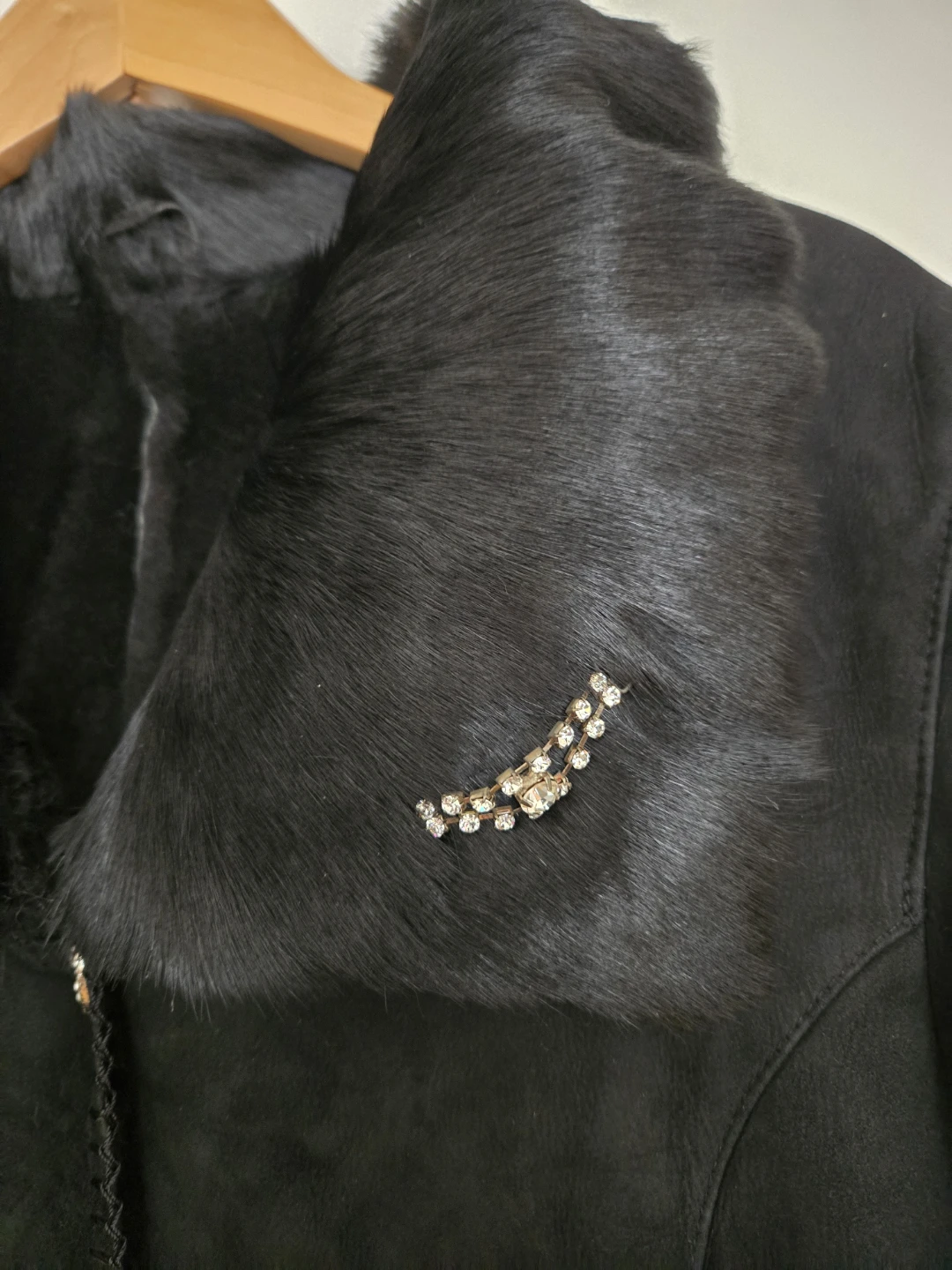 Black Suede Coat with Fur Trim and Rhinestone Accents - photo 2