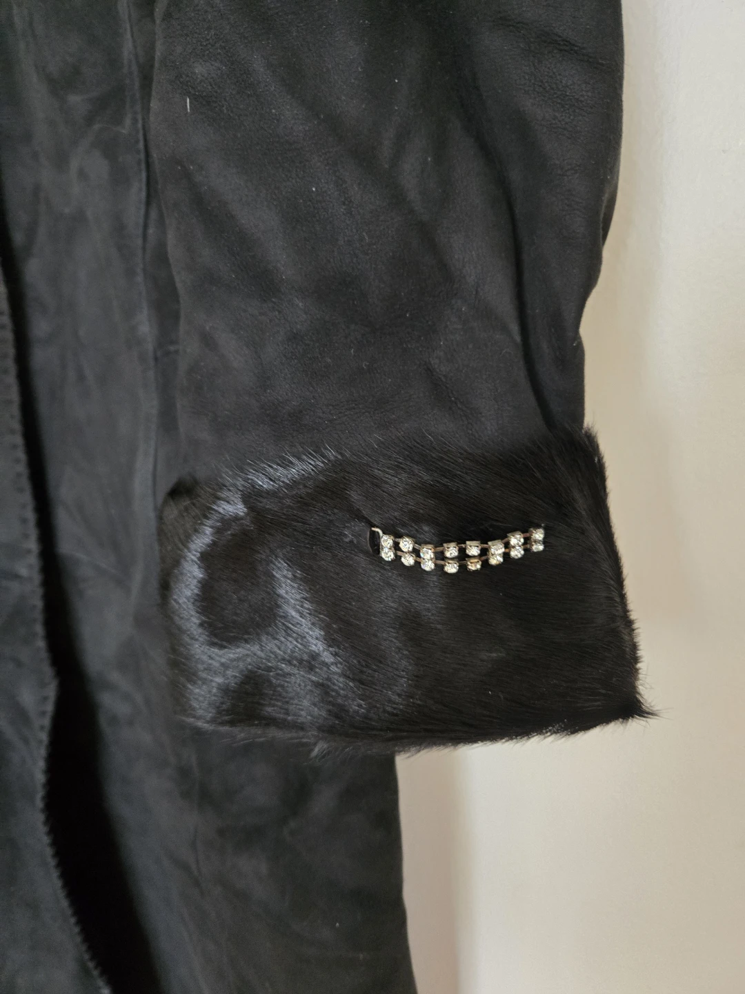 Black Suede Coat with Fur Trim and Rhinestone Accents - photo 4