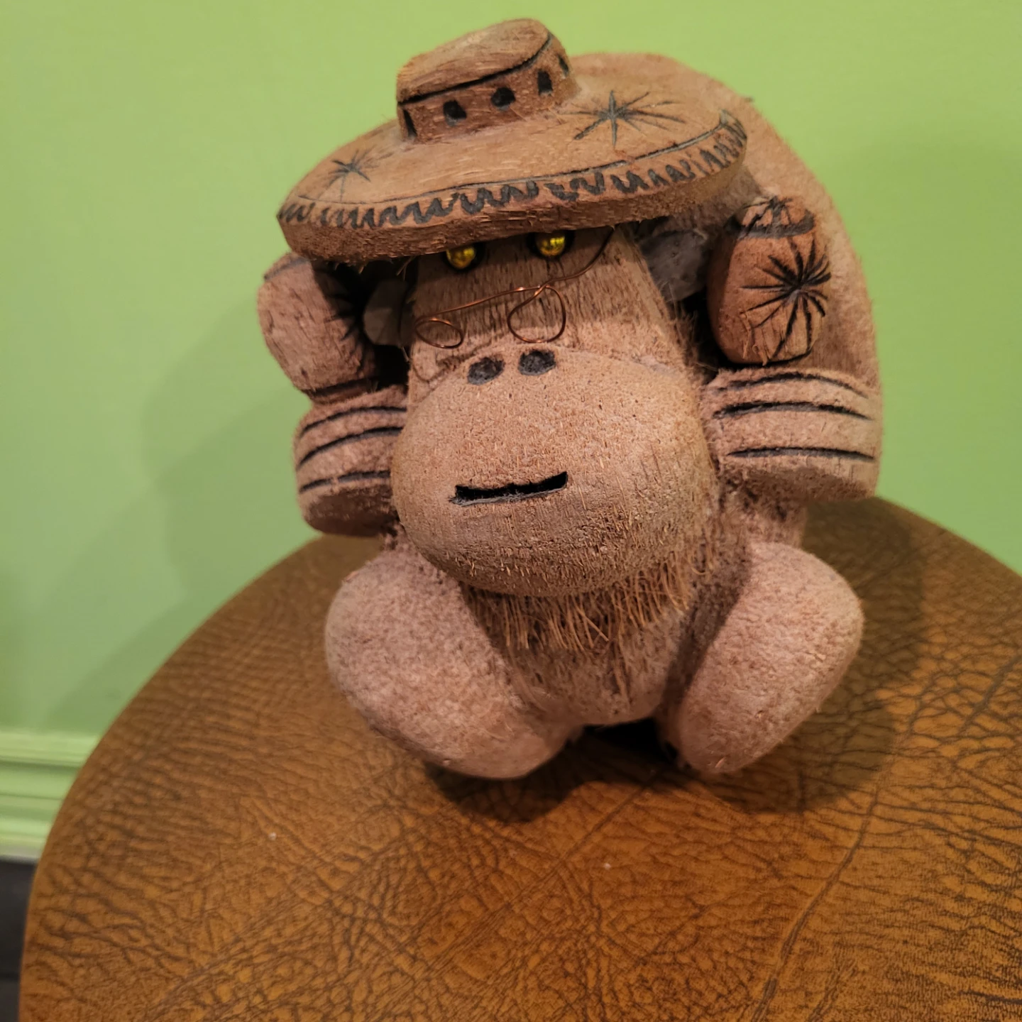 Coconut Shell Monkey Figurine with Hat