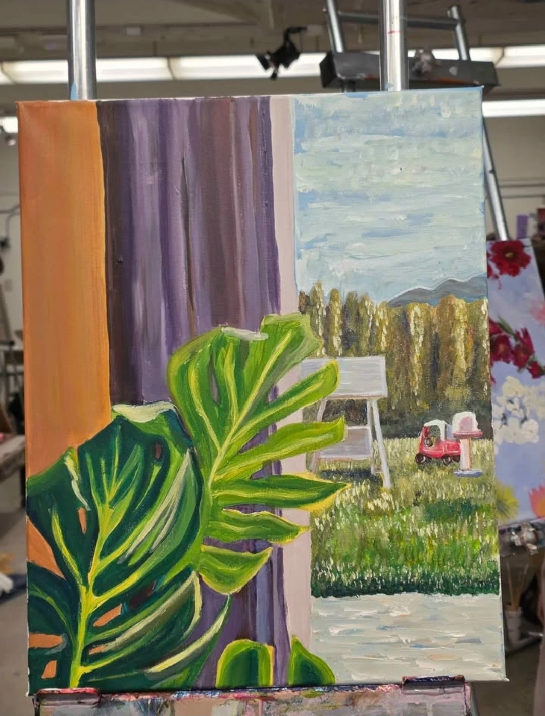LANDSCAPE ACRYLIC PAINTING ON CANVAS PATIO WINDOW VIEW
