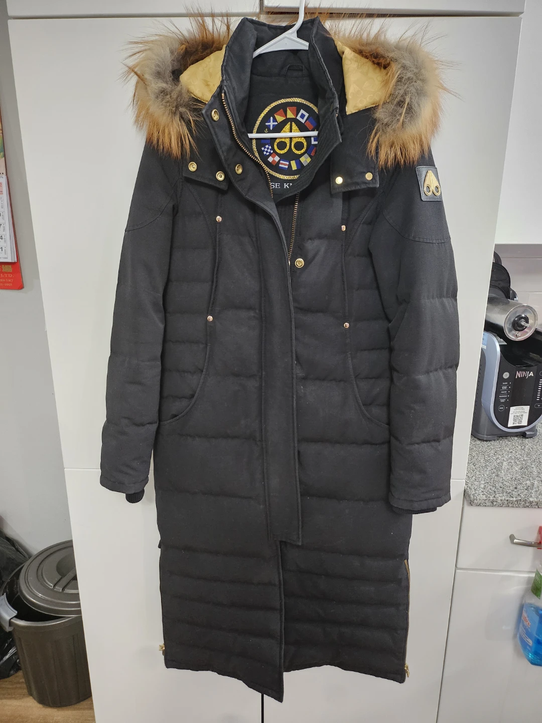 Moose Knuckles long Black Puffer Parka with Fur Hood