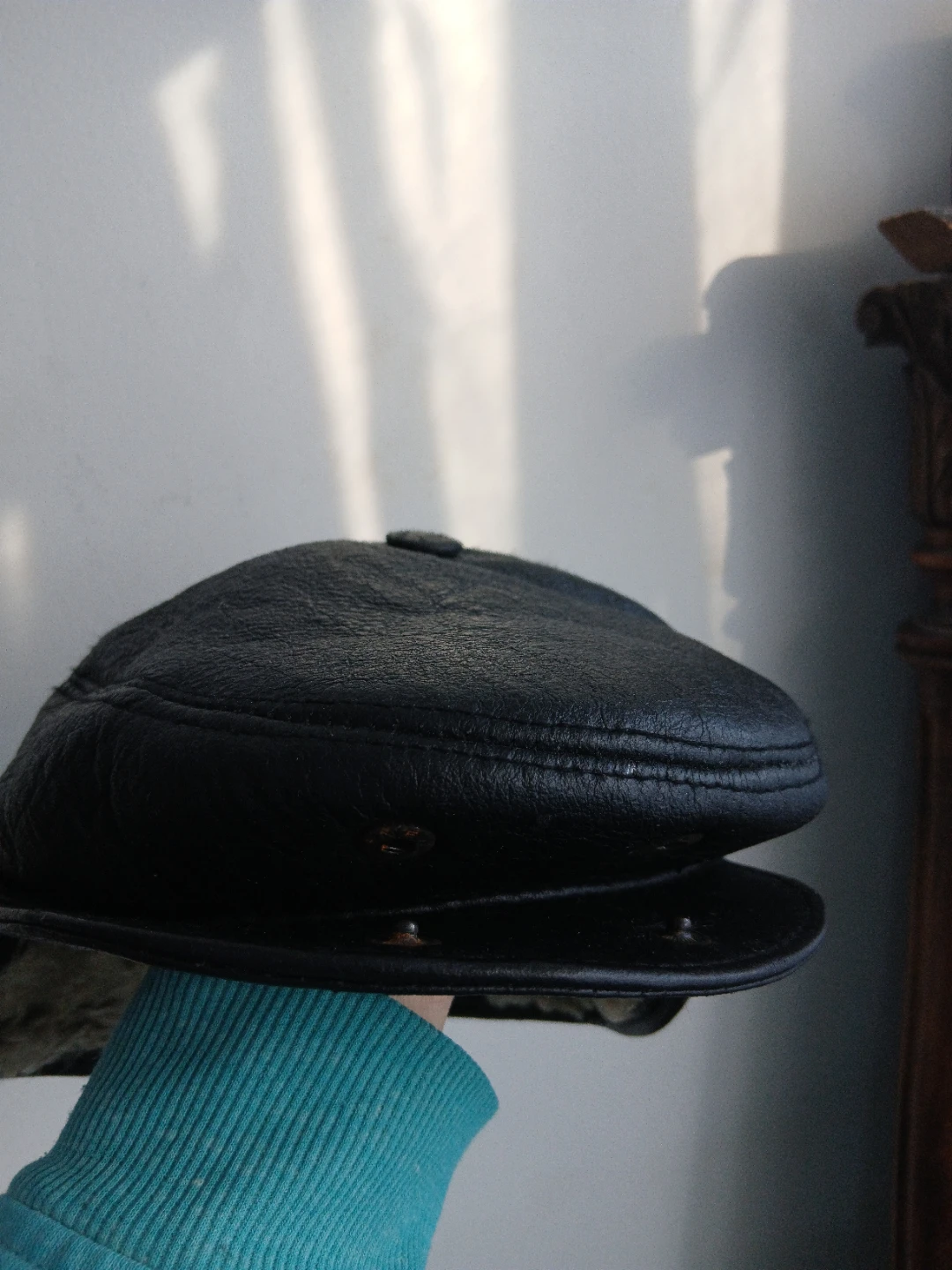 Black Leather Cap with Ear Flaps and sheep fur inside