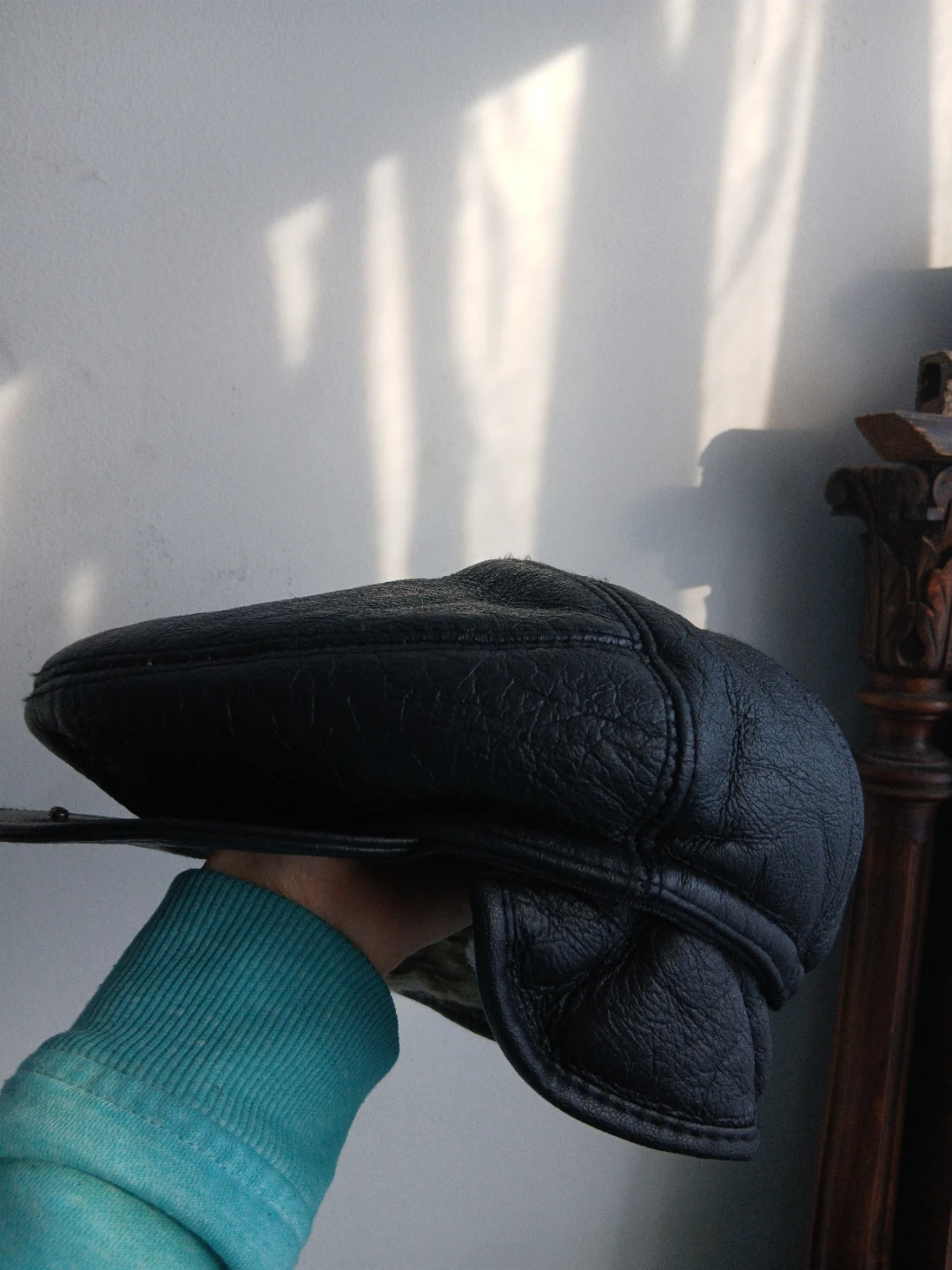 Black Leather Cap with Ear Flaps and sheep fur inside - photo 2