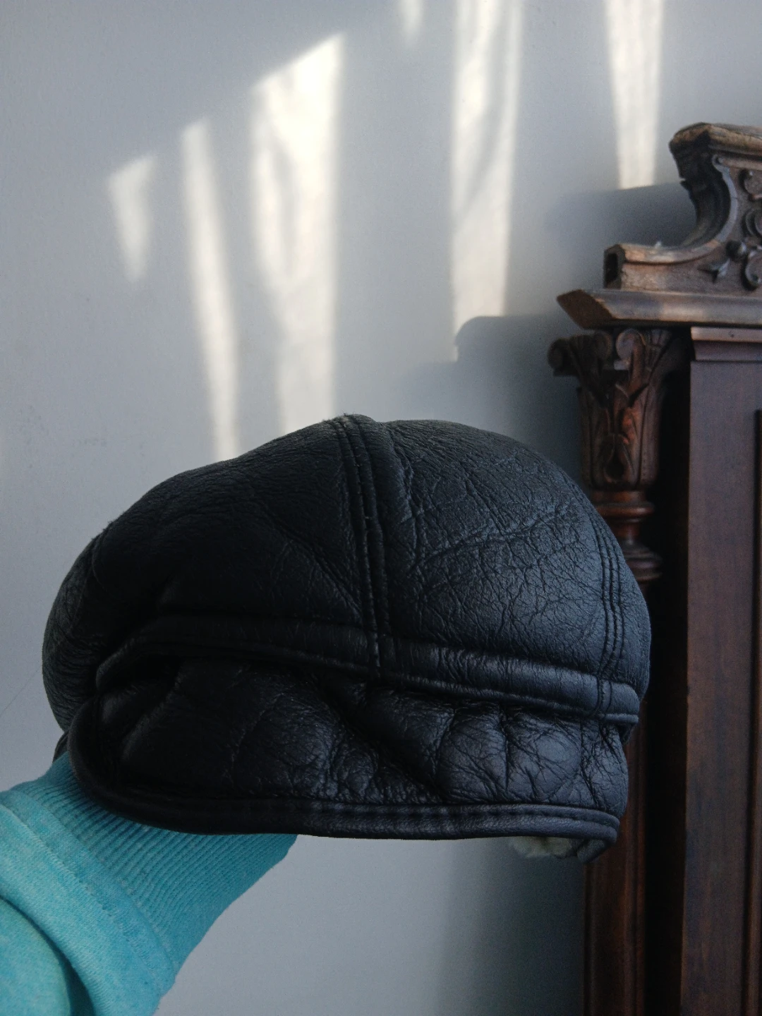 Black Leather Cap with Ear Flaps and sheep fur inside - photo 3