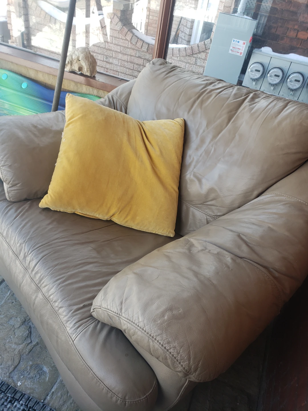 Taupe Leather Armchair with Yellow Pillow - photo 4