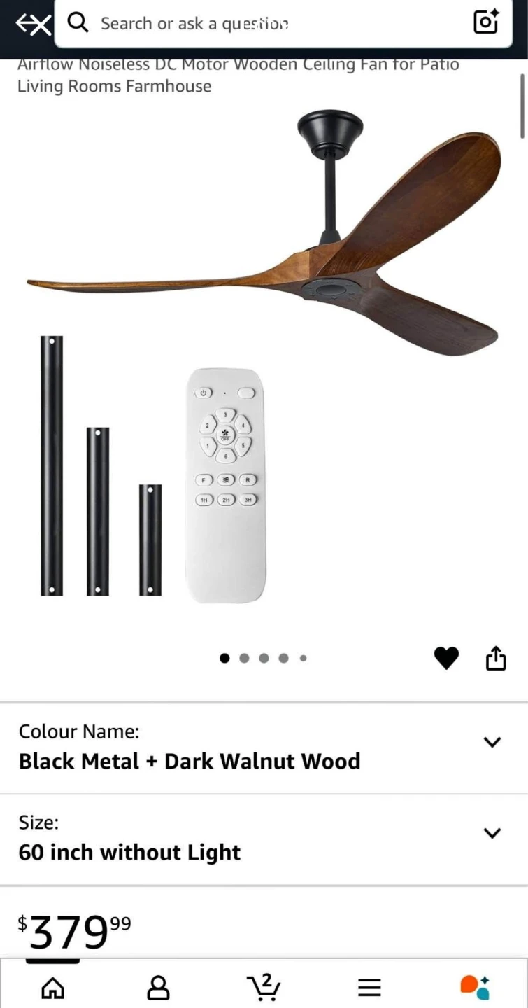 60-inch Ceiling Fan - Black Metal & Dark Walnut - photo 2